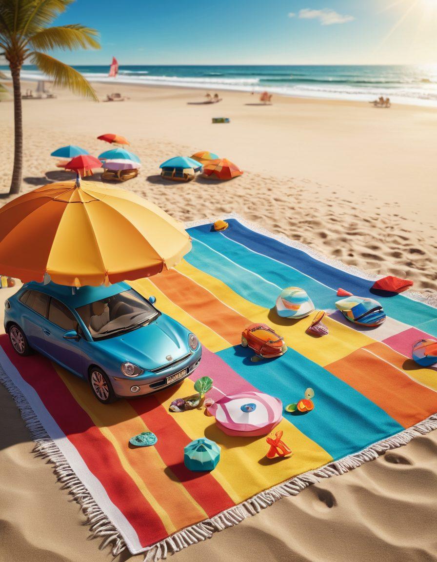 A stylish beach scene featuring various swimwear styles displayed on colorful beach towels, with a playful balance scale depicting swimwear on one side and car insurance savings symbols (like coins or a piggy bank) on the other. Sunlight casting soft shadows, beach umbrellas in the background, and people enjoying the beach atmosphere. The overall vibe should be cheerful and summery. vibrant colors. 3D.